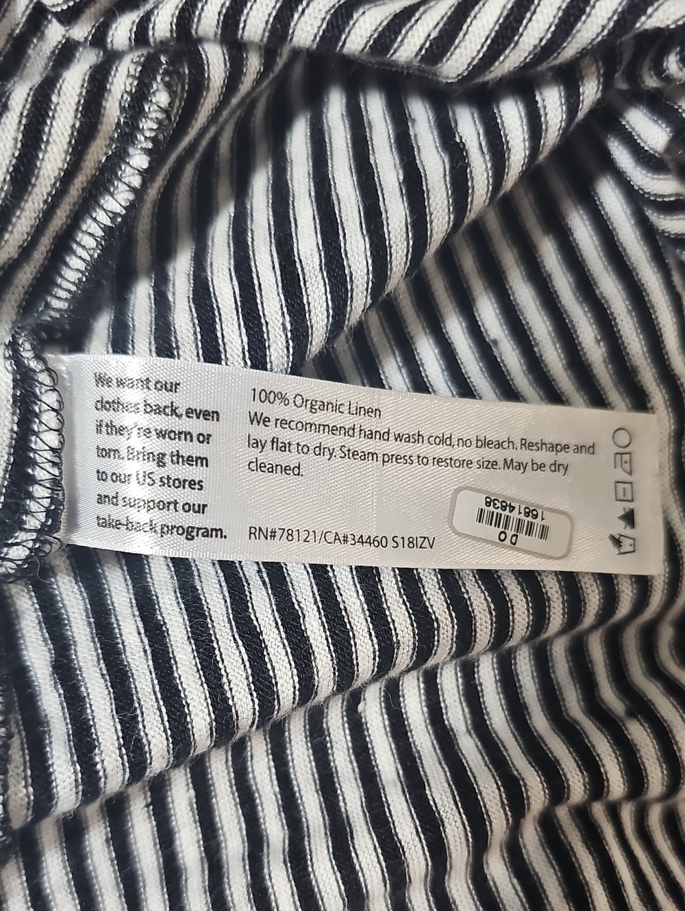 Eileen Fisher Black White Striped 100% Organic Linen Midi Dress Pockets Size L - Picture 8 of 8